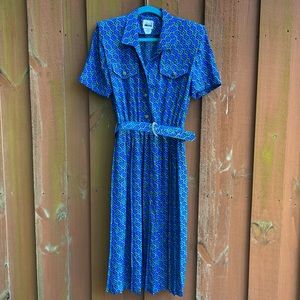 Vintage Leslie Fay Short Sleeved Belted Blue Pleated Midi Dress